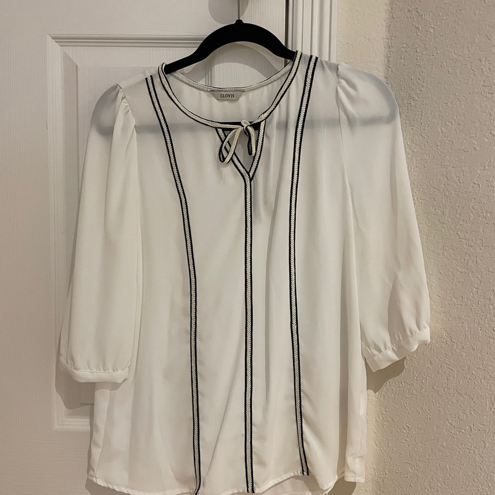 Clovis White Blouse with Yellow and Black Ribbon